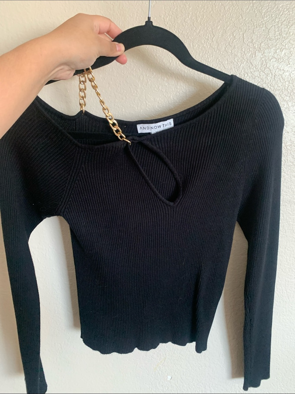 And Now This Black Ribbed Long-Sleeve Top with Keyhole Tie